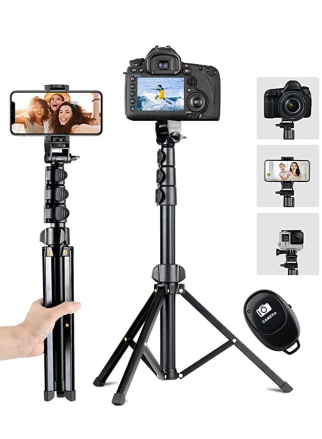 حامل ثلاثي القوائم قابل للتمديد بطول 142 سم مع جهاز تحكم عن بعد بتقنية البلوتوث لهاتف iPhone وAndroid، مشبك هاتف عالمي، من الألومنيوم المتين، متوافق مع الكاميرات الصغيرة (أسود) - Image 1