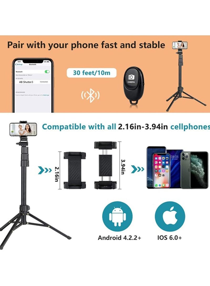 حامل ثلاثي القوائم قابل للتمديد بطول 142 سم مع جهاز تحكم عن بعد بتقنية البلوتوث لهاتف iPhone وAndroid، مشبك هاتف عالمي، من الألومنيوم المتين، متوافق مع الكاميرات الصغيرة (أسود) - Image 4