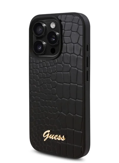 GUESS PU Croco Hard Case with Script Logo for iPhone 16 Pro / Slim Profile/ Easy Snap-On/ Comfortable Grip - Black