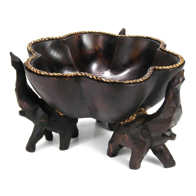 6 INCHES TRIUMPHANT ELEPHANTS CARVED RAIN TREE WOODEN BOWL FAIR TRADE HANDICRAFT