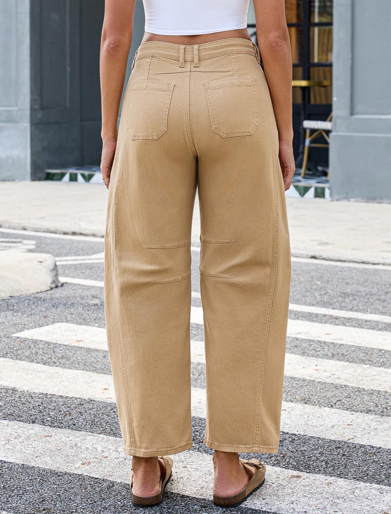 Eddoyee Wide Leg Barrel Pants Women - Stretchy High Waist Baggy Pants Y2k Boyfriend Ankle Trousers with Pockets Khaki - Image 2