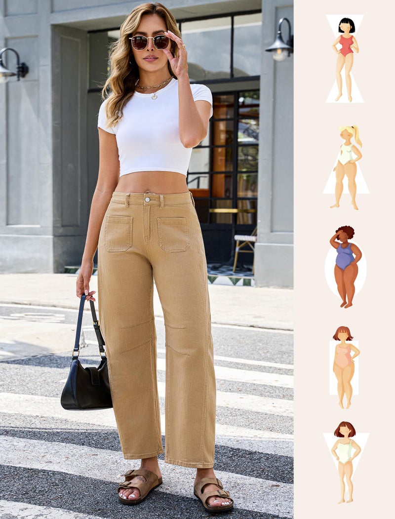 Eddoyee Wide Leg Barrel Pants Women - Stretchy High Waist Baggy Pants Y2k Boyfriend Ankle Trousers with Pockets Khaki - Image 4