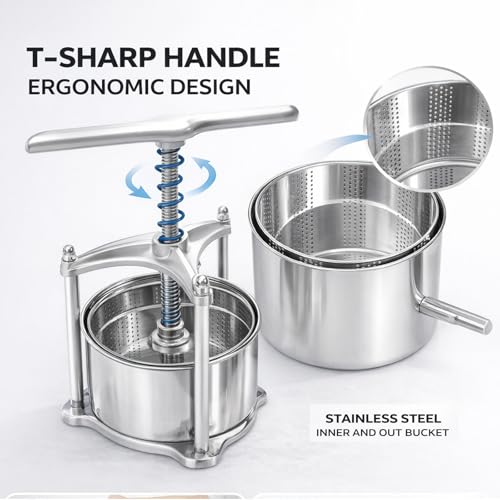 EJWOX Manual Cheese Press, 0.8 Gallon Heavy Duty Food Press for Cheese, Tofu & Vegetable Dehydration – Stainless Steel Basket Herb & Tincture Press with Filter Bags, Not for Hard Fruits - Image 4