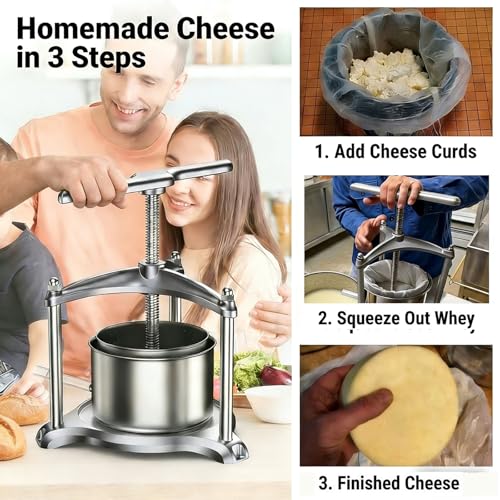 EJWOX Manual Cheese Press, 0.8 Gallon Heavy Duty Food Press for Cheese, Tofu & Vegetable Dehydration – Stainless Steel Basket Herb & Tincture Press with Filter Bags, Not for Hard Fruits - Image 2