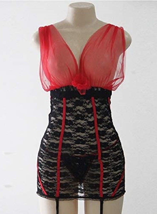 Women Floral Lace See Through Lingerie Night Wear Dress With Thong  - Image 1