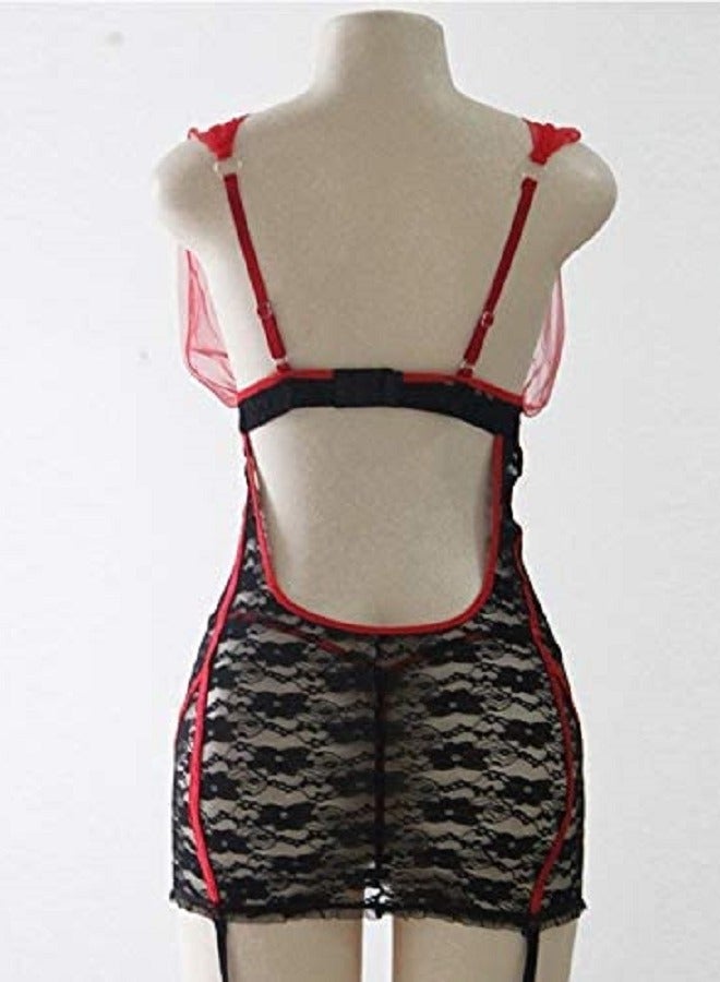Women Floral Lace See Through Lingerie Night Wear Dress With Thong  - Image 3