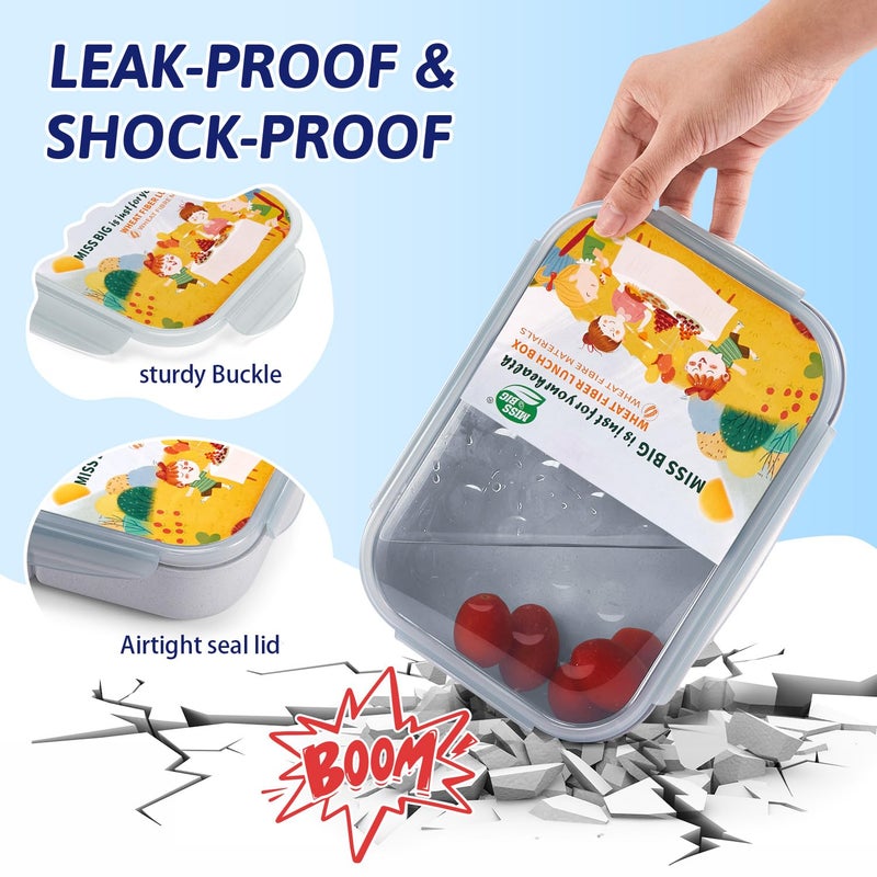 MISS BIG Bento Box for Kids, Leakproof Lunch Box, No BPAs & Chemical Dyes, M/W, D/W & Fridge Safe (1150ml Gray) - Image 3