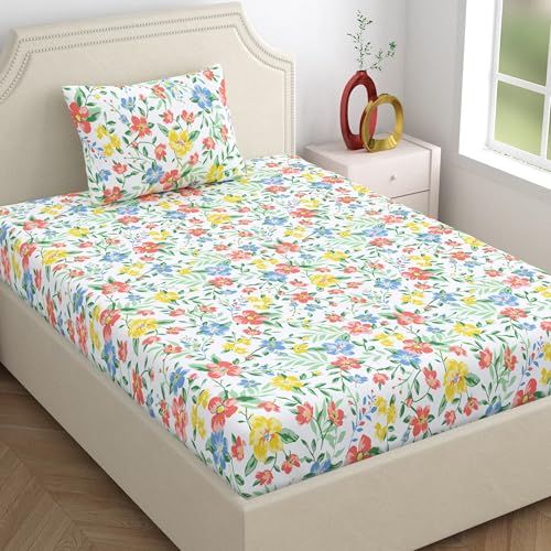 Home Ecstasy 100% Cotton Single Bedsheet with 1 Pillow Cover - (Size 59 x 87 inches, 140 TC, Colour - Multi: Petal Whimsy) - Image 1