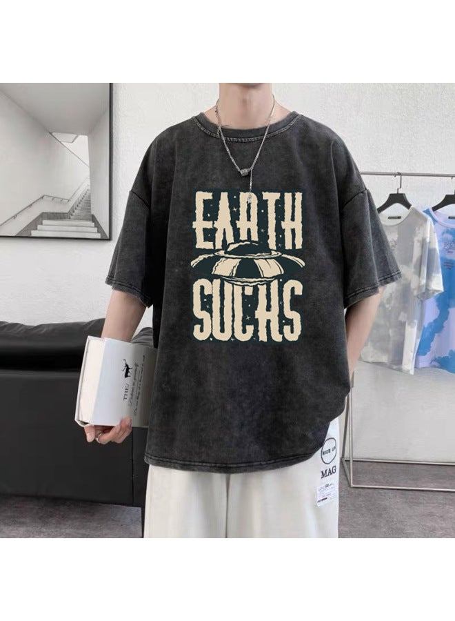 Heavyweight Pure Cotton American Vintage Distressed Print T-shirt, Can Be Worn Up To 300 Pounds, Loose Fit Vintage Wash Distressed T-shirt