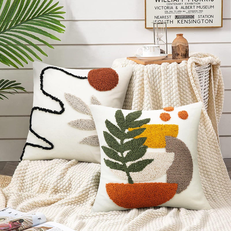 Merrycolor Boho Decorative Throw Pillow Covers Abstract Tufted Mid Century Modern Throw Pillows Green Leaf Sun Aesthetic Textured Pillow Cover Decorative Throw Pillows for Bed Couch Sofa 18x18 - Image 2