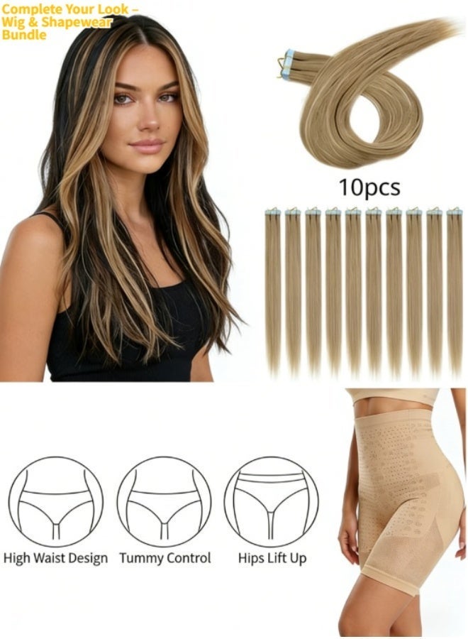 10-Piece Light Color Long Straight Natural Hair Extension Wig Set – Includes High-Waist Body Shaping Shorts (Breathable, Everyday Essential) - Image 1