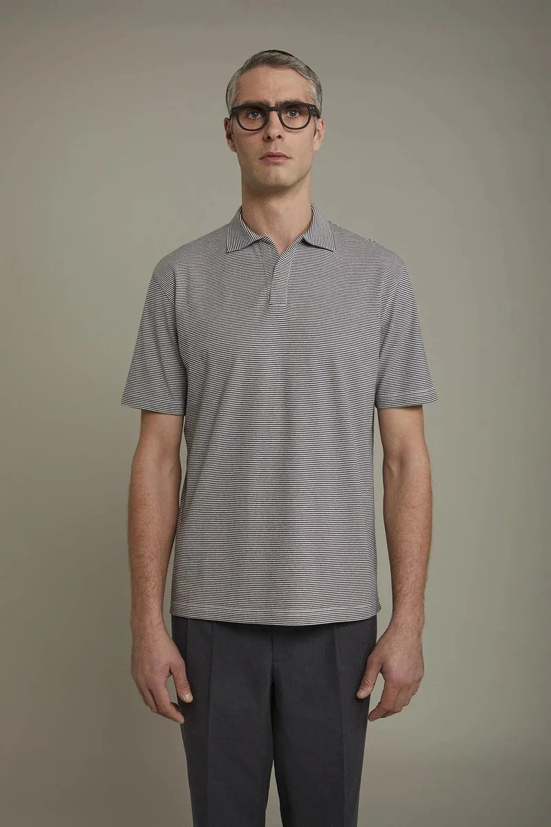 دوبل غانغر Men's short sleeve button-less polo shirt with derby collar and thin stripes 100% cotton regular fit - Offwhite/DKblue
