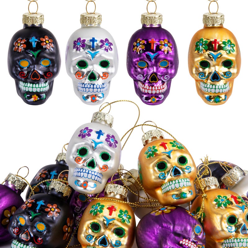 12 Pcs Day of The Dead Glass Ornaments Dia De Los Muertos Sugar Skull Decorations Halloween Hanging Skeleton Head Ornaments for Parties Xmas Tree Decoration