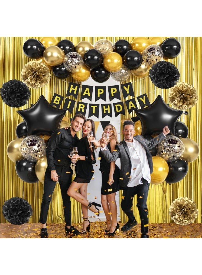 Mordely Black & Gold Birthday Decorations - Foil Confetti Balloons, Happy Birthday Banner, Pom Poms, Gold Fringe Curtain - Image 3