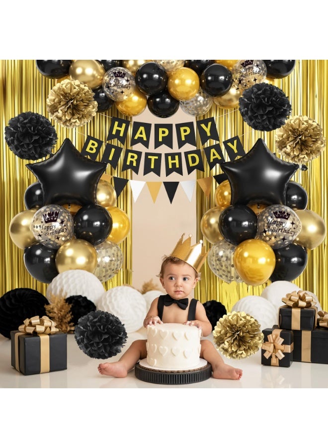 Mordely Black & Gold Birthday Decorations - Foil Confetti Balloons, Happy Birthday Banner, Pom Poms, Gold Fringe Curtain - Image 5