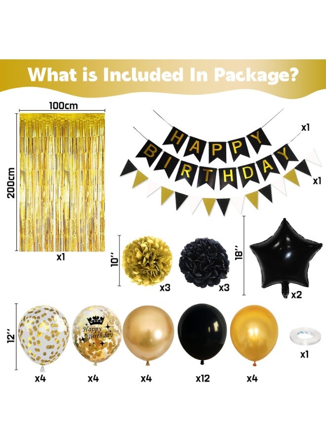 Mordely Black & Gold Birthday Decorations - Foil Confetti Balloons, Happy Birthday Banner, Pom Poms, Gold Fringe Curtain - Image 2