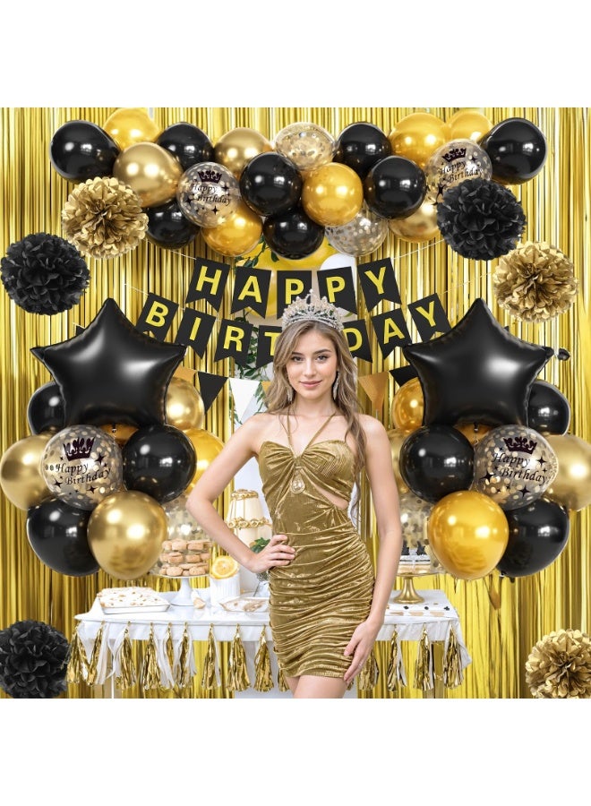 Mordely Black & Gold Birthday Decorations - Foil Confetti Balloons, Happy Birthday Banner, Pom Poms, Gold Fringe Curtain - Image 4