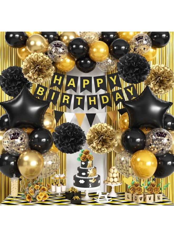 Mordely Black & Gold Birthday Decorations - Foil Confetti Balloons, Happy Birthday Banner, Pom Poms, Gold Fringe Curtain - Image 1