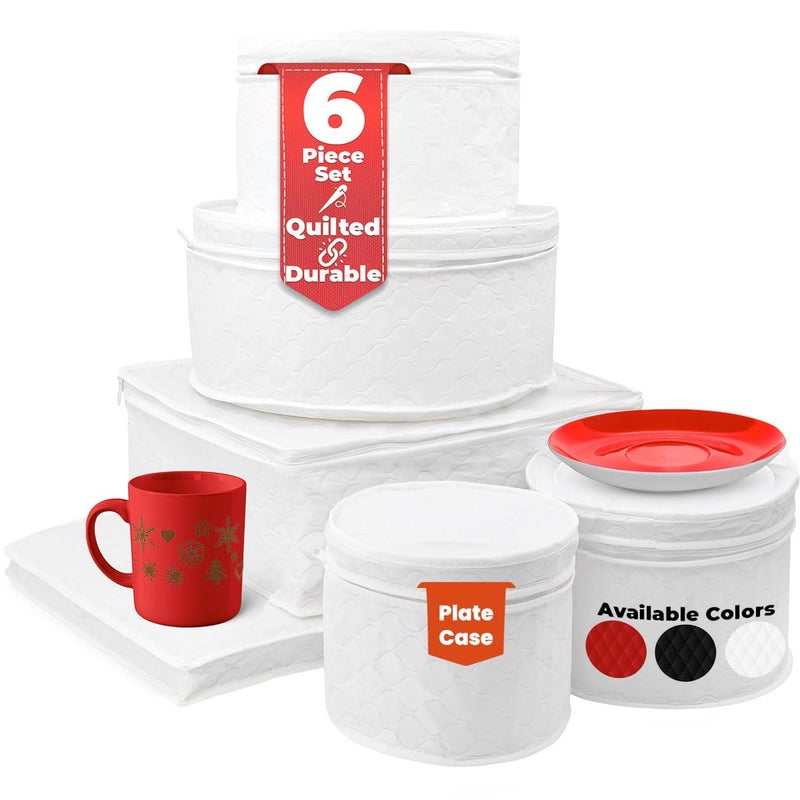 مجموعة تخزين أدوات المائدة المبطنة 6 قطع تتضمن 4 حالات أطباق 1 حالة أكواب  حالة صينية بيضاء