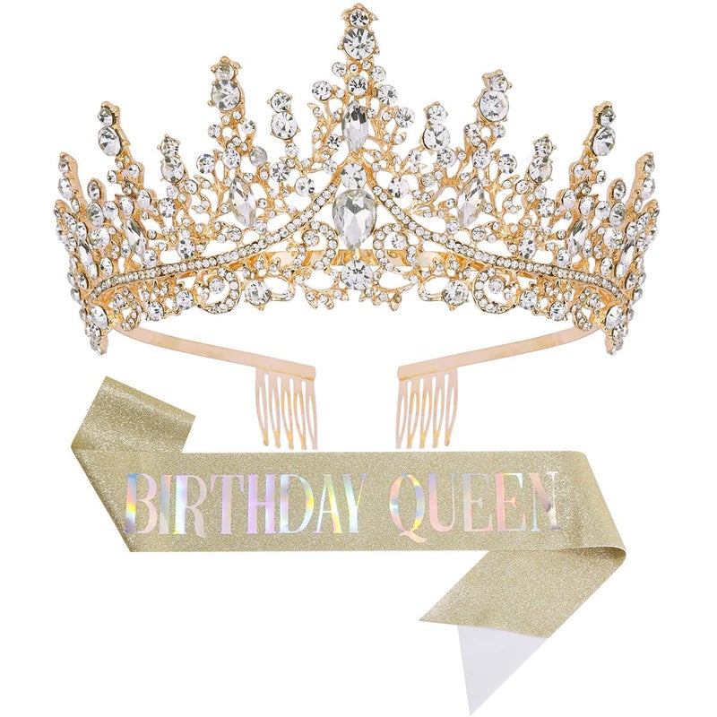 Papoopy Birthday Tiara Crown with Sash for Women, Headband Hair Accessories for Wedding Party Costume - Image 1