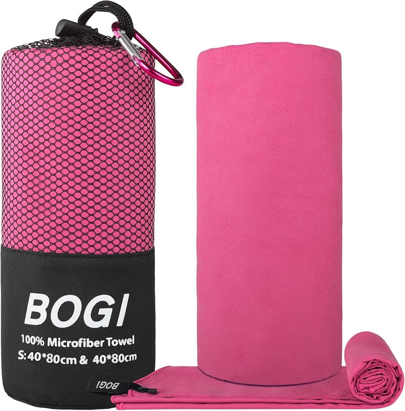 BOGI منشفة سفر رياضية من الألياف الدقيقة BOGI - منشفة سريعة الجفاف، منشفة تخييم خفيفة وناعمة من الألياف الدقيقة، منشفة سفر مدمجة وماصة للتخييم والجيم والشاطئ واليوجا والسباحة والتنزه (S:16''x32''، قطعتان - وردي ساخن) - Image 2