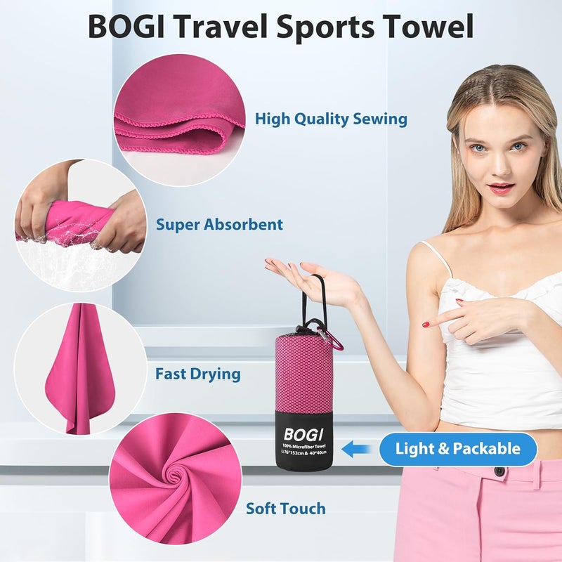 BOGI منشفة سفر رياضية من الألياف الدقيقة BOGI - منشفة سريعة الجفاف، منشفة تخييم خفيفة وناعمة من الألياف الدقيقة، منشفة سفر مدمجة وماصة للتخييم والجيم والشاطئ واليوجا والسباحة والتنزه (S:16''x32''، قطعتان - وردي ساخن) - Image 4