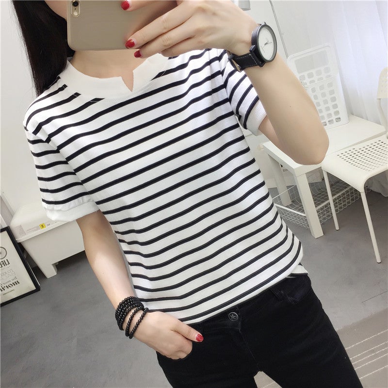 One-piece delivery 95 cotton 2023 new chubby girl plus size plus size short sleeve striped T-shirt women's bottoming shirt plus size women's clothing - Image 3