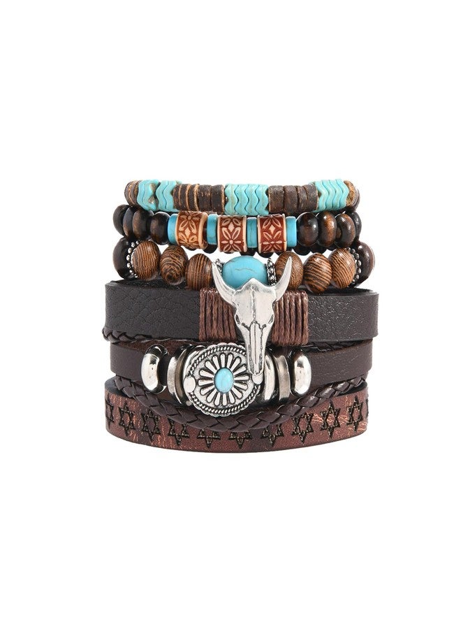 QCWN Western Turquoise Bracelet for Women Adjustable Boho Handmade Leather Bracelet Cow Head Charm Charm Stretch Bracelet Country Jewelry for Women Cowboy Chic Oufits - Image 1