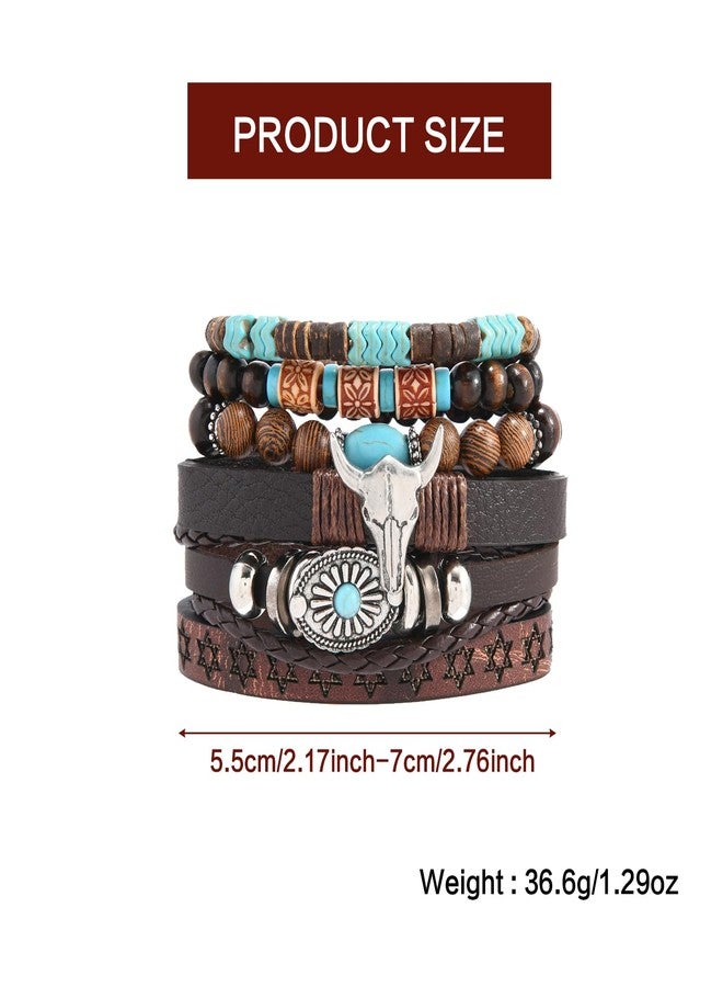 QCWN Western Turquoise Bracelet for Women Adjustable Boho Handmade Leather Bracelet Cow Head Charm Charm Stretch Bracelet Country Jewelry for Women Cowboy Chic Oufits - Image 2
