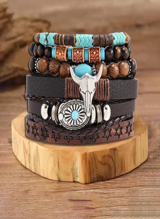QCWN Western Turquoise Bracelet for Women Adjustable Boho Handmade Leather Bracelet Cow Head Charm Charm Stretch Bracelet Country Jewelry for Women Cowboy Chic Oufits - Image 4