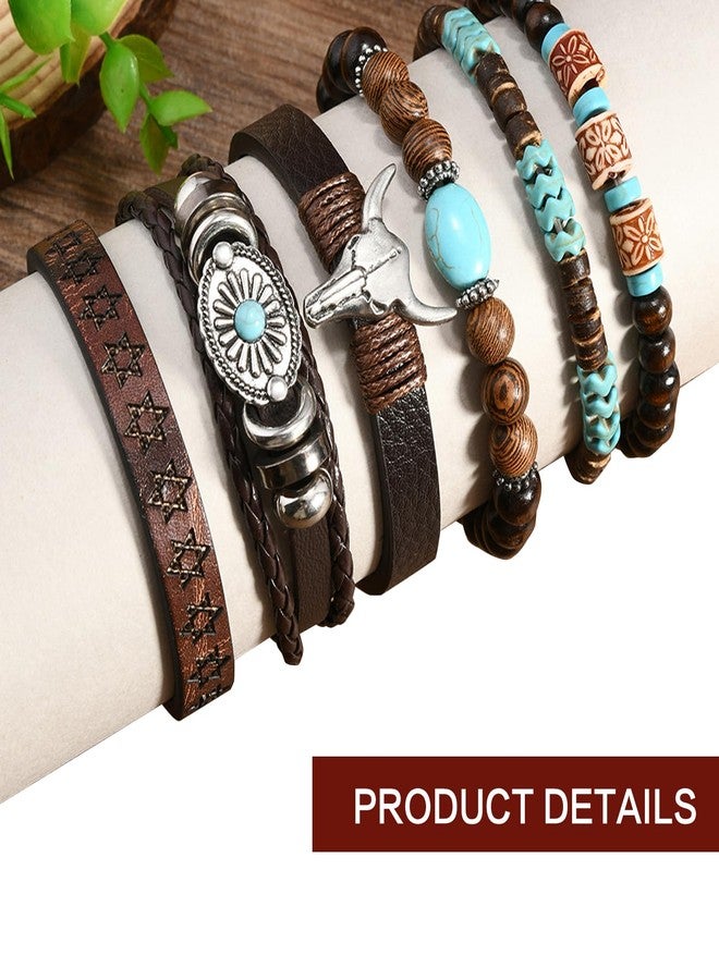 QCWN Western Turquoise Bracelet for Women Adjustable Boho Handmade Leather Bracelet Cow Head Charm Charm Stretch Bracelet Country Jewelry for Women Cowboy Chic Oufits - Image 3