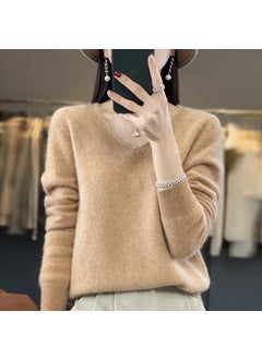 Pure Color 100% Wool Autumn/winter Cropped V-neck Pullover Sweater Base Layer Top Golden camel