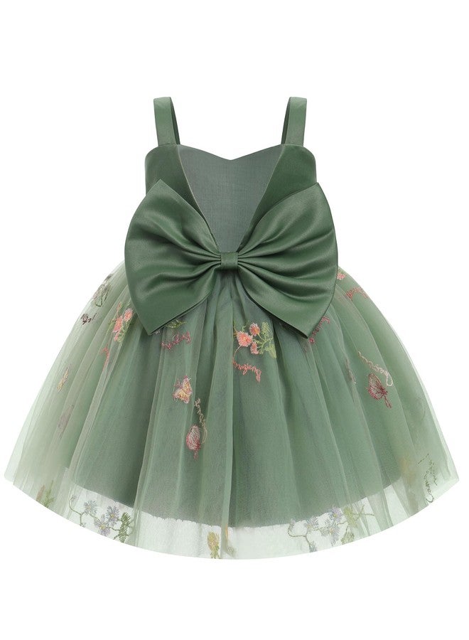 ODASDO Toddler Dress Baby Kids Spaghetti Strap Back Bowknot Floral Embroidery Fairy Tulle Tutu Princess Dresses for Wedding Flower Girl Birthday Party Pageant Evening Formal Occasion Sage Green 3-4T - Image 1