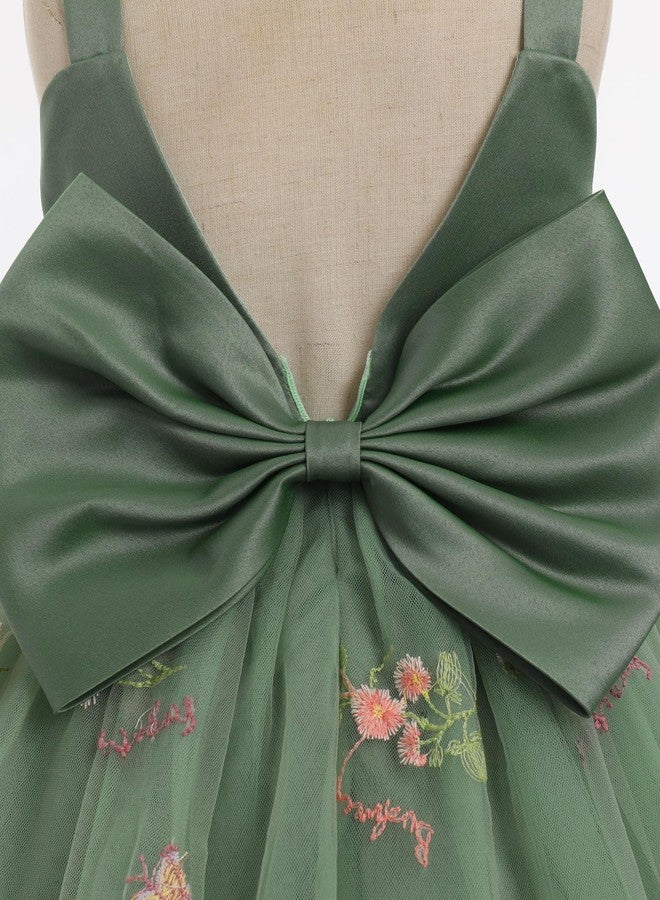 ODASDO Toddler Dress Baby Kids Spaghetti Strap Back Bowknot Floral Embroidery Fairy Tulle Tutu Princess Dresses for Wedding Flower Girl Birthday Party Pageant Evening Formal Occasion Sage Green 3-4T - Image 5
