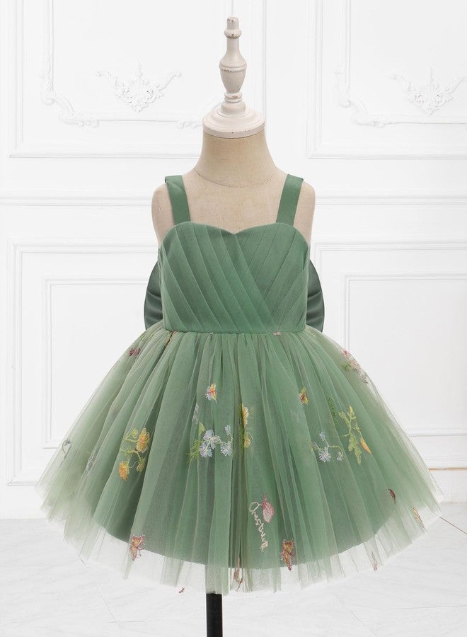 ODASDO Toddler Dress Baby Kids Spaghetti Strap Back Bowknot Floral Embroidery Fairy Tulle Tutu Princess Dresses for Wedding Flower Girl Birthday Party Pageant Evening Formal Occasion Sage Green 3-4T - Image 3