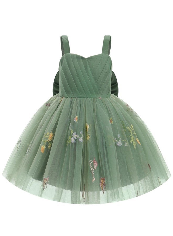ODASDO Toddler Dress Baby Kids Spaghetti Strap Back Bowknot Floral Embroidery Fairy Tulle Tutu Princess Dresses for Wedding Flower Girl Birthday Party Pageant Evening Formal Occasion Sage Green 3-4T - Image 4