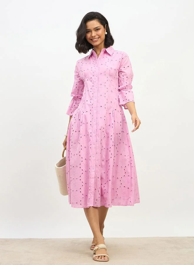 Styli Styli Schiffli 3/4 Sleeve Shirt Midi Dress