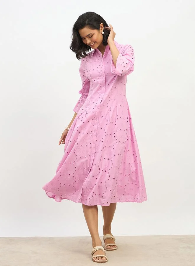 Styli Styli Schiffli 3/4 Sleeve Shirt Midi Dress