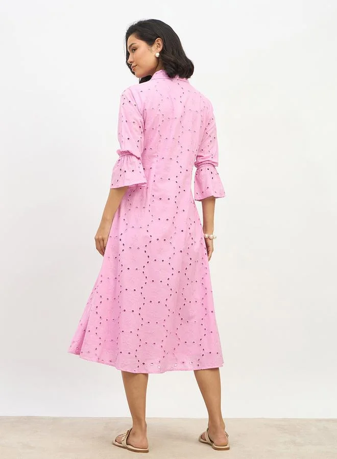 Styli Styli Schiffli 3/4 Sleeve Shirt Midi Dress