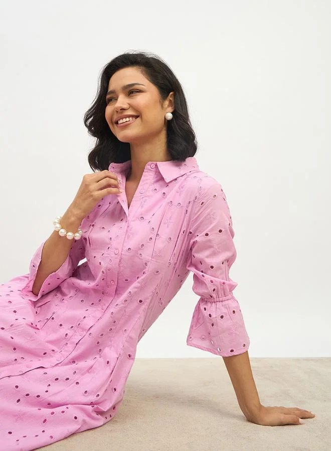 Styli Styli Schiffli 3/4 Sleeve Shirt Midi Dress