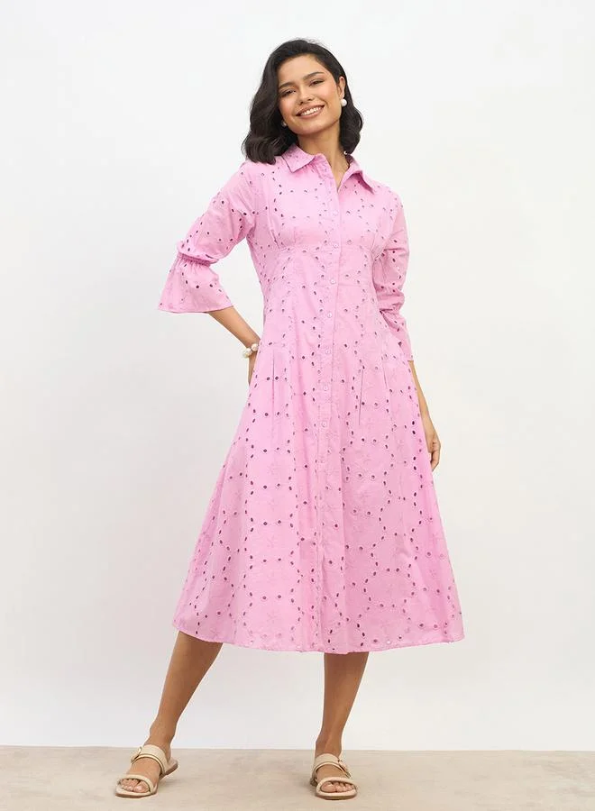Styli Styli Schiffli 3/4 Sleeve Shirt Midi Dress