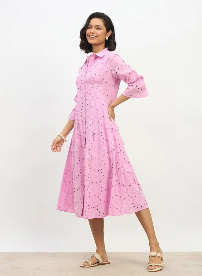 Styli Styli Schiffli 3/4 Sleeve Shirt Midi Dress