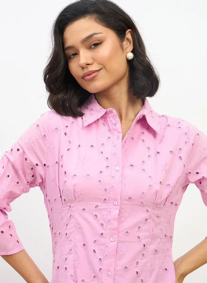Styli Styli Schiffli 3/4 Sleeve Shirt Midi Dress