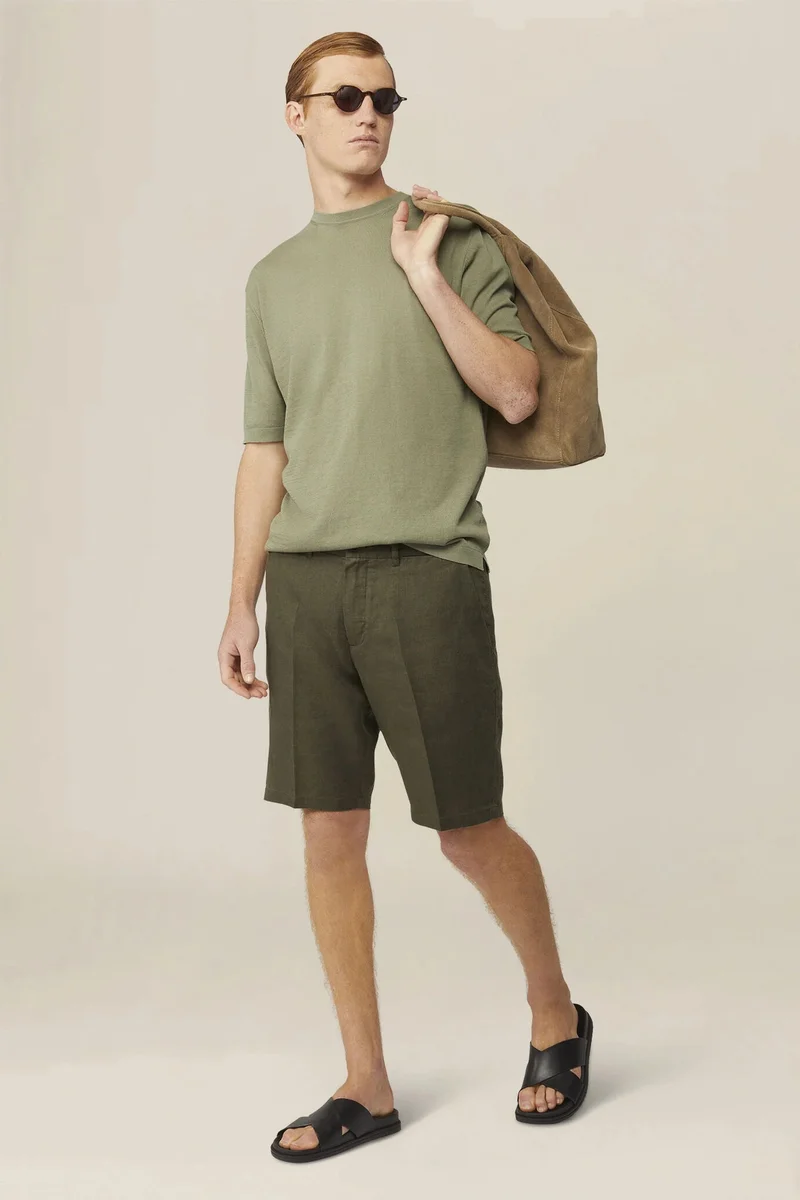 Men's 100% linen Bermuda shorts, regular fit - Military