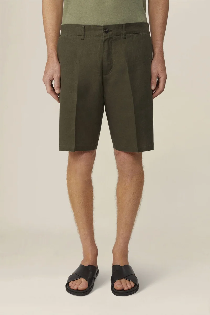 دوبل غانغر Men's 100% linen Bermuda shorts, regular fit - Military