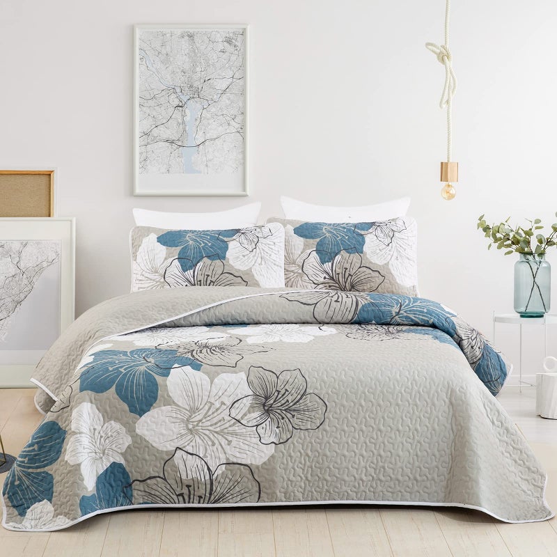DJY DJY 3 Pieces Quilt Set California King Blue Floral Pattern Quilt Coverlet Elegant Boho Bedspread with 2 Pillow Shams Lightweight Floral Summer Bedding Quilt for Adults Teens 106x96 