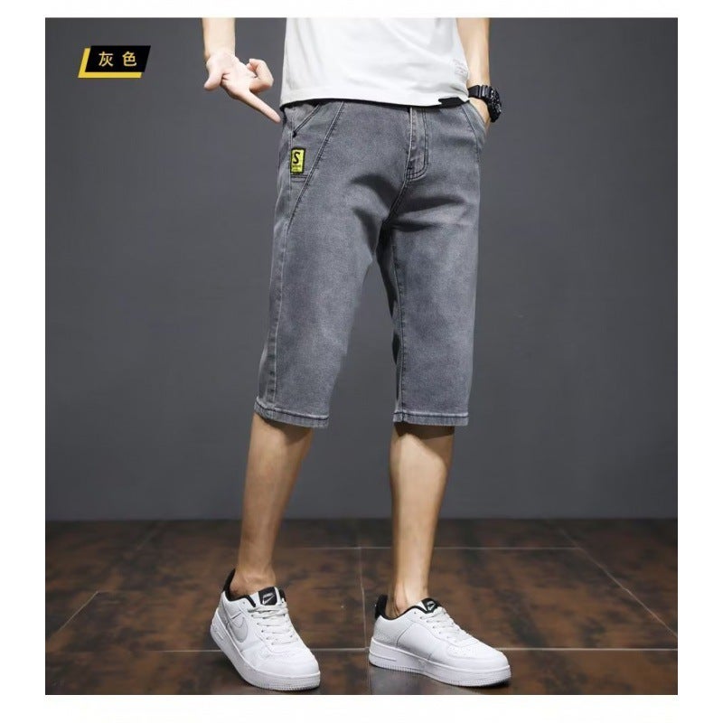 Generic Cropped Jeans Mens Korean-style Slim-fit Skinny Pants Trendy Brand Short Pants for Summer Grey 