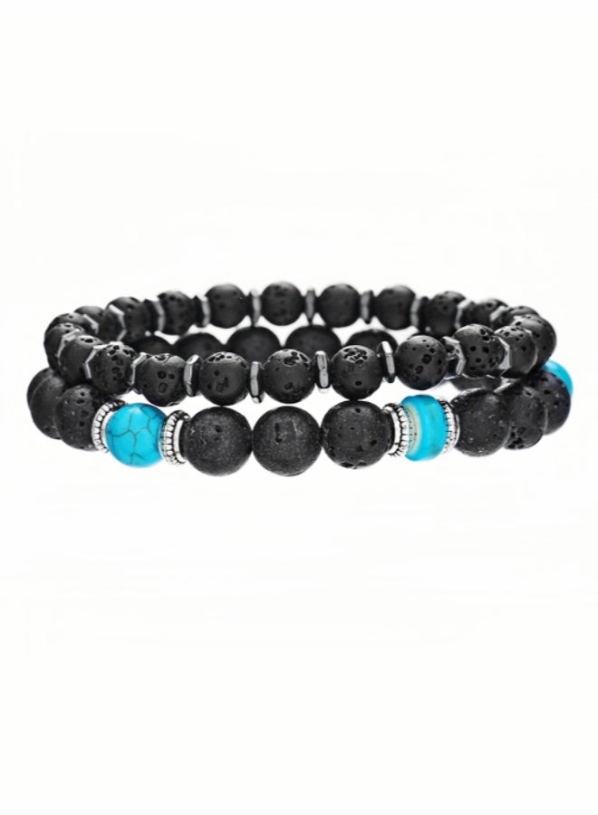 Men's Volcanic Stone Stretch Bracelet | Bohemian Style Double-layer Beaded Bracelet Set - Image 4