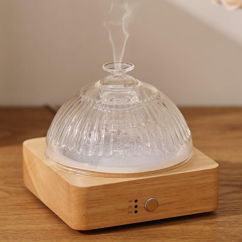 Lecdura Glass Essential Oil Diffuser with Glass Reservoir WoodBase 200ml Ultrasonic Lock Color Timer AutoOff 7 Color Light Aroma Glass Dome Diffuser for Home Office Bedroom Yoga