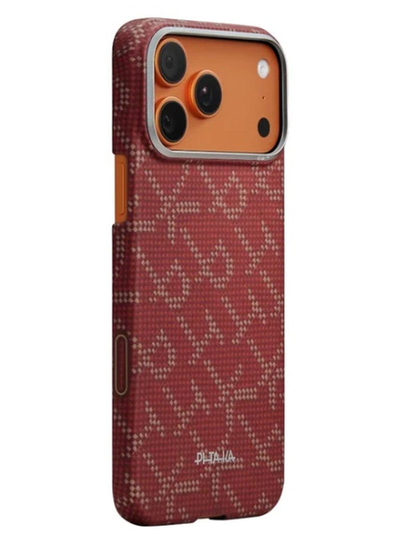 PITAKA حافظة بيتاكا لجهاز آيفون 17 برو ماكس 6.9" مع زر التحكم في الكاميرا، متوافقة مع ماغسيف، حافظة رفيعة للغاية مع شعور لمسي بدون حافظة، ألياف أراميد 1500D منسوجة، تصميم مونوغرام – ذهبي أحمر - Image 1